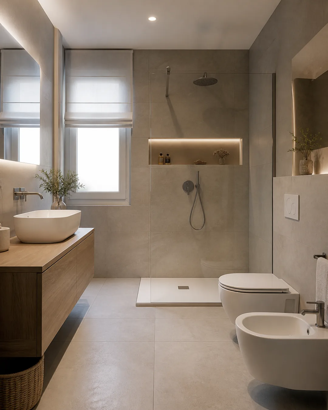 Bagno contemporaneo con doccia walk-in e gres di grande formato