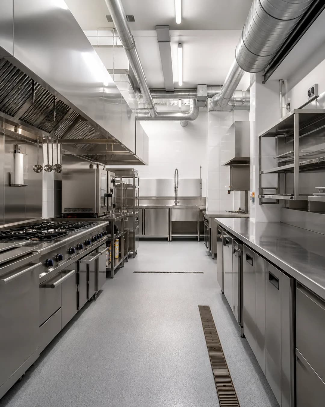 Cucina professionale in acciaio con ventilazione e superfici lavabili