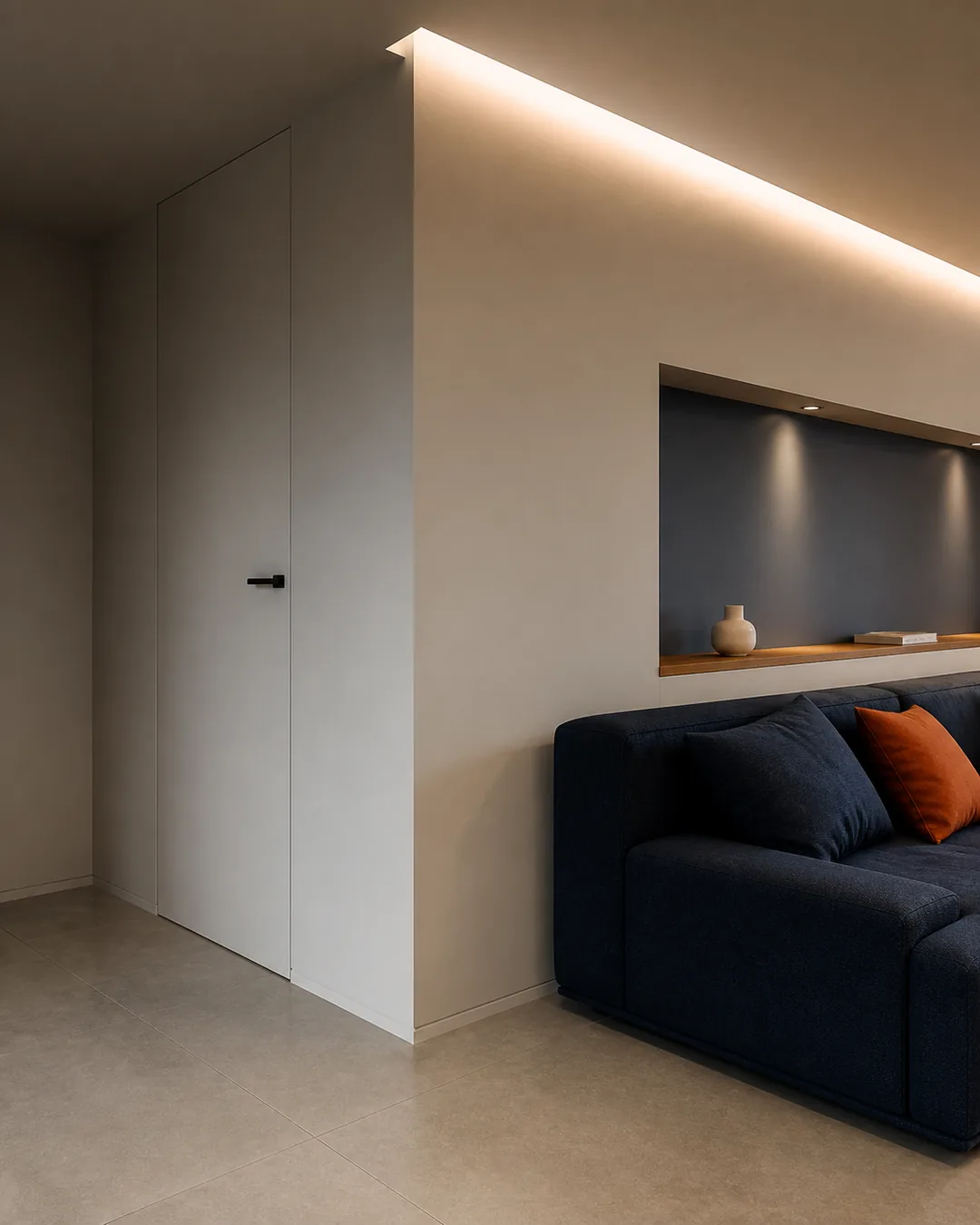 Dettaglio di cartongesso, gola LED e pavimento in gres